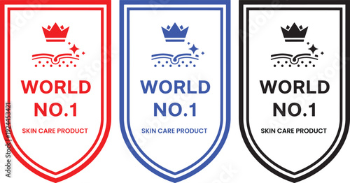 World No 1 Skin Care Product Shield Badge with Crown and Sparkle Icon in Red Blue and Black Design for Beauty Award Concept of Premium Quality and Excellence