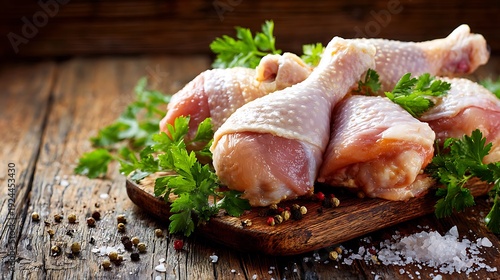 Raw chicken drumsticks on wooden board with parsley, salt, and peppercorns, creating fresh and appetizing presentation. rustic wooden background enhances natural look.