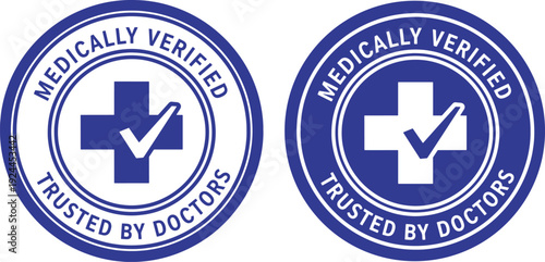Medical verified badge with cross and check mark icon, trusted by doctors healthcare approval seal 