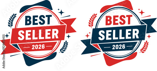 Best seller badge 2026 with ribbon banner and laurel wreath in red and blue circle design, top product award label 