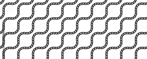 Seamless pattern of vertical black wavy chains with interlocking links on a white background