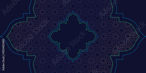 Modern Islamic Geometric Pattern Background for Ramadan Kareem Eid Mubarak Greeting Card with Dark Blue Gradient and Decorative Arabic Style Frame