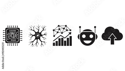 Collection of five black technology and AI including chip neuron graph robot and cloud upload... de