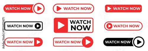 Watch now buttons on tansparent background. play video icons or button. flat style.