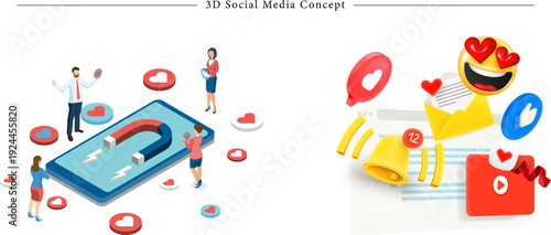 Premium 3D Social Media Concept Illustration Isometric Engagement Scene and Claymorphism Notification Icons Flat Vector Set