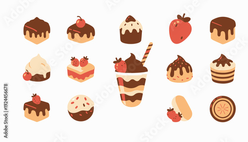 Assorted sweet treats, cakes, and desserts with strawberries on a clean white background from a straightforward view
