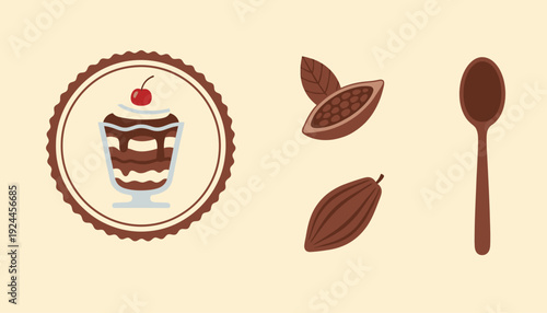 Delicious chocolate cake with cherry on a plate surrounded by cocoa beans and spoon in a sweet dessert setting viewed from above