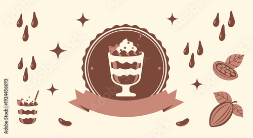 Illustration of chocolate dessert with whipped cream and nuts in a decorative emblem surrounded by stars and drops