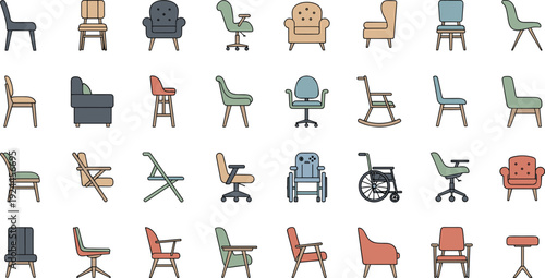 Chair Icon Collection with Office Armchair Dining Stool Rocking and Wheelchair Seating Furniture in Flat Style for Interior Vector Design.