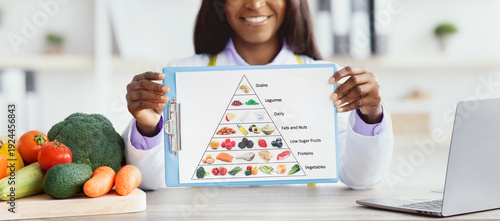 Bild auf Leinwand A person holds a clipboard showing a food pyramid during a workshop on nutrition