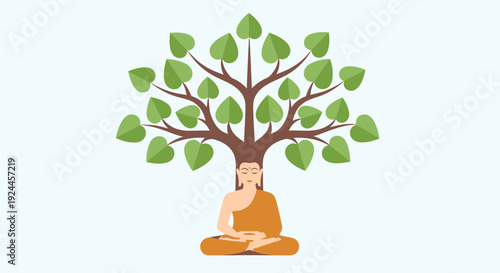 A serene monk meditating under a tree with lush green leaves, embodying tranquility and peace in a natural setting