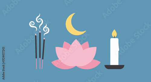 Serene lotus flower, incense sticks, and candle under moonlight serene scene illustration