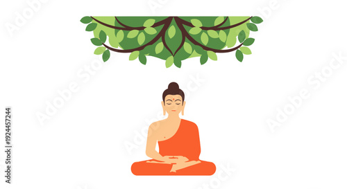 Serene Buddha meditating under a lush green tree branch, a peaceful scene of spiritual harmony and nature's tranquility depicted in an illustration
