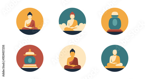 Collection of Buddhist icons featuring monks meditating and vases in various circular frames.