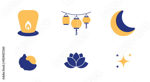 Serene illustrations of candle, lanterns, and moon symbolizing peaceful night ambiance with lotus and stars depicted in minimalist style