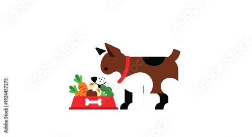 A stylized brown and white dog with a red collar stands and sniffs a red bowl filled with colorful vegetables on a clean white background.