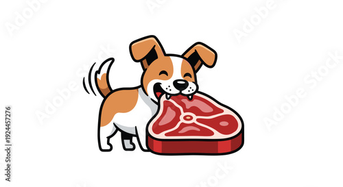 A joyful brown and white dog with a wagging tail happily bites into a large, red, raw steak on a clean white background.
