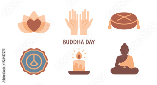 A collection of six flat icons representing Buddha Day, including a lotus flower, praying hands, a cushion, a peace symbol, a candle, and a meditating Buddha.