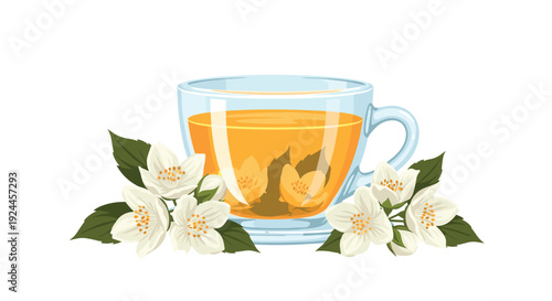 A clear glass cup filled with golden jasmine tea is elegantly surrounded by white jasmine flowers with green leaves on white.