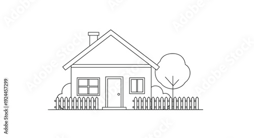 A minimalist outline drawing depicts a simple house with a gabled roof, a door, two windows, a fence, and a tree.