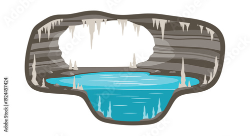 A dark cave interior features a tranquil blue underground lake, surrounded by layered grey rock formations, with numerous sharp stalactites hanging from the ceiling.