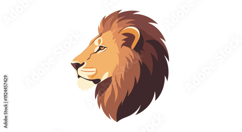 A proud lion's head, with a richly textured mane and a focused eye, is depicted in profile facing right on a white background.