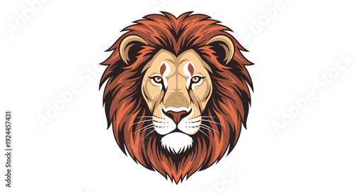 A majestic lion's head, with a detailed multi-toned mane and piercing yellow eyes, faces directly forward on a white background.