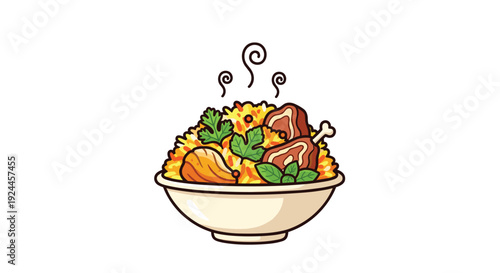 A steaming bowl of chicken biryani, garnished with fresh herbs and chicken pieces, is presented on a clean white background.