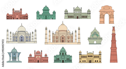A diverse collection of twelve colorful line-art illustrations showcases famous Indian architectural landmarks arranged on a white background.