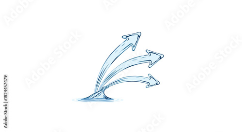 Three dynamic light blue water-like arrows gracefully arc upwards from a small rippling pool on a clean white background.