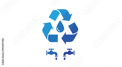 A bold blue recycling symbol with a central water droplet is depicted above two dripping blue water taps on a clean white background.
