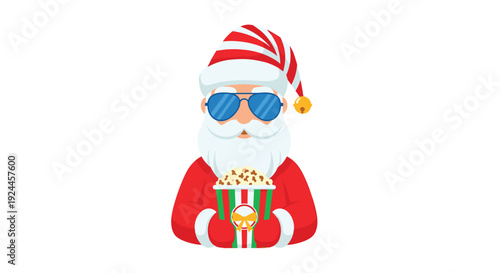 A cartoon Santa Claus bust wearing blue aviator sunglasses holds a green and red striped popcorn bucket with a golden bow.