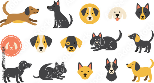 Cute Dog Icon and Character Collection with Different Breeds Sitting Running and Face Avatars for Pet Care, Veterinary, and Mascot Vector Design.