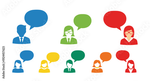 Nine stylized human silhouettes, five women and four men in vibrant colors, each paired with a matching colored speech bubble, are arranged in two rows on a clean white background.
