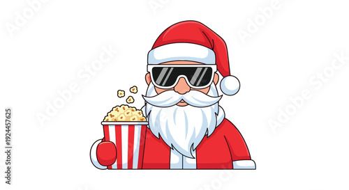A cartoon Santa Claus bust wearing black sunglasses holds a red and white striped popcorn bucket against a clean white background.
