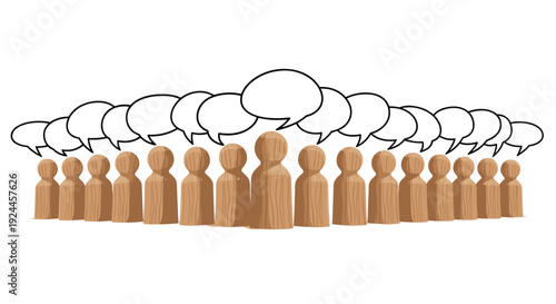Twenty-one identical wooden human figures, each displaying a distinct wood grain texture, stand in a horizontal line with thirteen empty white speech bubbles hovering above them on a white background.