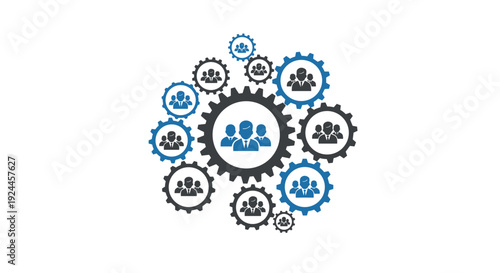 A dynamic cluster of twelve interconnected gears, varying in size and colored blue and black with white person icons, forms an organic arrangement on a clean white background.