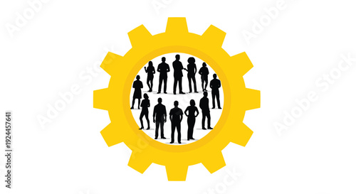 A large, vibrant yellow gear with visible cogs is centrally positioned, containing twelve black human silhouettes of men and women standing closely together on a white background.