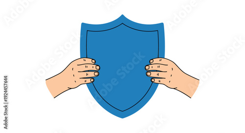 Two cartoon-style human hands with light skin tones are firmly gripping the edges of a solid blue, classic shield shape, centered against a plain white background.