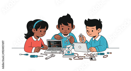 A vibrant illustration of three diverse children collaboratively engaged in a robotics project, surrounded by laptops, a robot arm, and various tools on a white background.