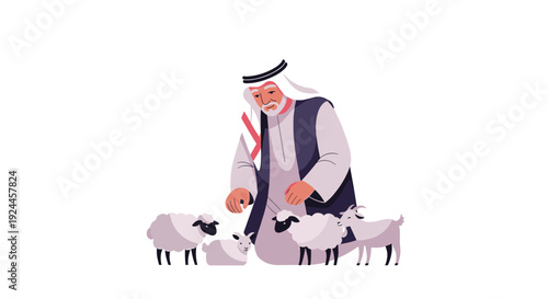 An older Middle Eastern man, dressed in traditional blue and white attire, kneels to tend to his small flock of sheep and goats on a clean white background.
