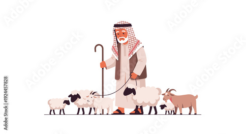 An elderly Middle Eastern shepherd, dressed in traditional attire, stands with a staff and leads his flock of sheep and goats on a white background.