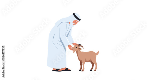 An elderly Arab man in traditional white attire gently pets a brown goat with small horns, bending slightly in a caring gesture against a clean white background.