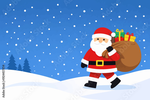 Santa caminando sobre las colinas nevadas