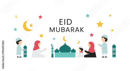 The festive phrase EID MUBARAK is displayed above a cartoon Muslim family praying before a teal mosque, surrounded by colorful stars and crescent moons.