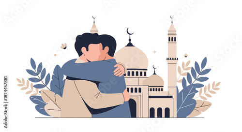 Two men in traditional attire are depicted in a heartfelt embrace before a serene mosque with domes and minarets, framed by decorative stylized leaves.