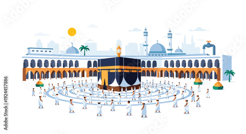 Numerous pilgrims in white ihram garments perform Tawaf around the black and gold Kaaba, situated within the detailed Grand Mosque courtyard under a bright sun.