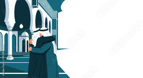 Two Arab men are warmly embracing each other in front of an ornate mosque-like building with a large, empty white speech bubble area.