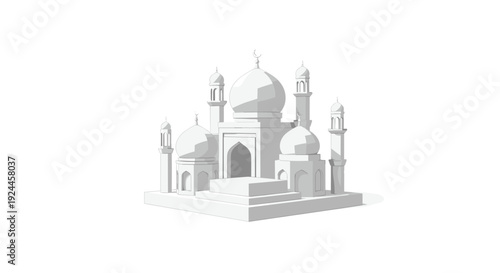 A minimalist low-polygon 3D rendering depicts a mosque structure featuring a prominent central dome and several surrounding minarets.