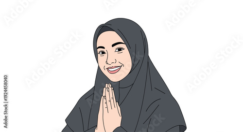 A smiling young woman wearing a dark grey hijab performs a traditional greeting gesture with her hands pressed together.
